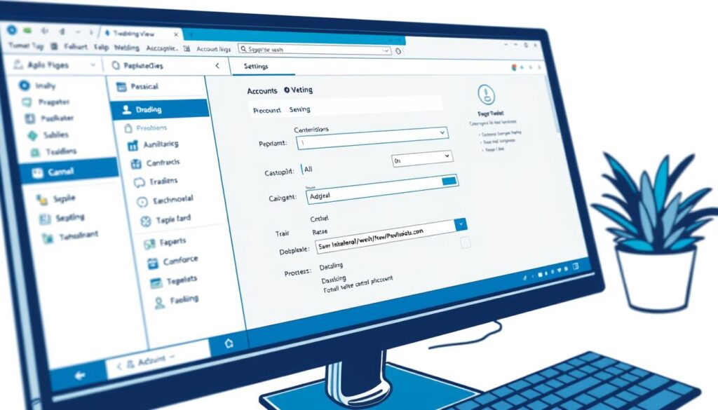 A detailed illustration of a computer screen displaying the Tradingview account settings interface. The screen shows a sophisticated user interface with various tabs, menus, and customization options. The layout is clean and intuitive, with a balanced use of negative space and high-quality graphical elements. The color scheme is a combination of blues, grays, and whites, creating a professional and modern aesthetic. The overall composition conveys a sense of control and empowerment, reflecting the focus on account management and personalization for the Tradingview platform.