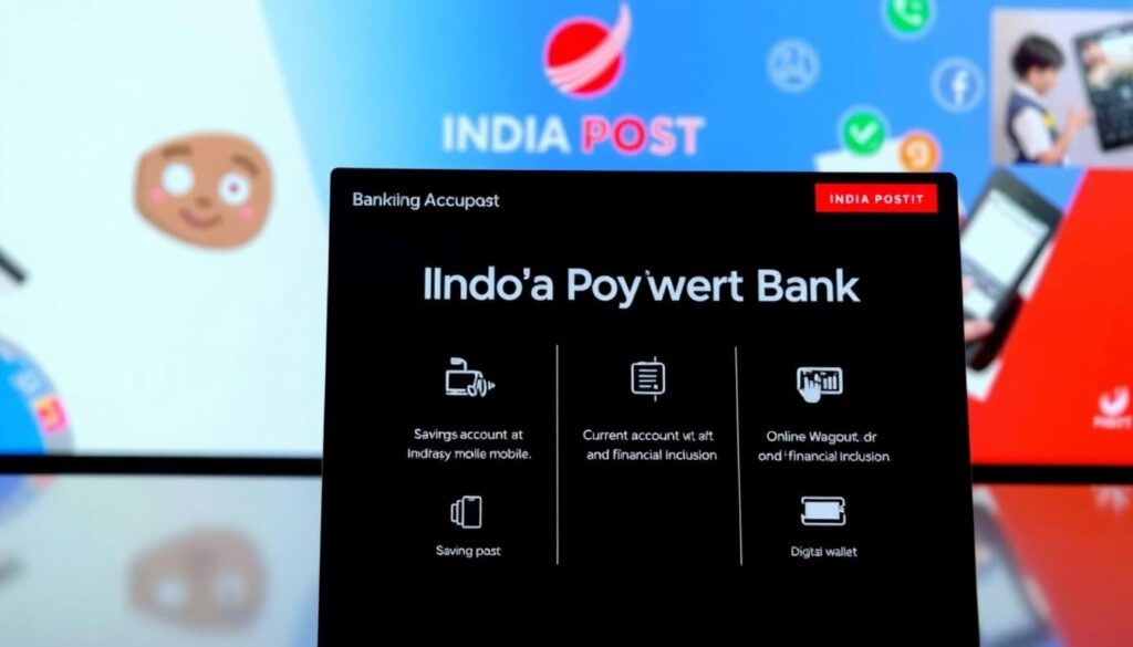 A modern, sleek banking interface showcasing the different account types offered by India Post Payment Bank. The foreground features a clean, minimalist design with icons and labels for the account options, including Savings Account, Current Account, and Digital Wallet. The middle ground presents a blurred background of the India Post logo and imagery representing the bank's services, such as mobile banking, online payments, and financial inclusion. The overall atmosphere conveys a sense of trustworthiness, accessibility, and technological innovation, highlighting the bank's mission to provide convenient and secure financial services to the people of India.