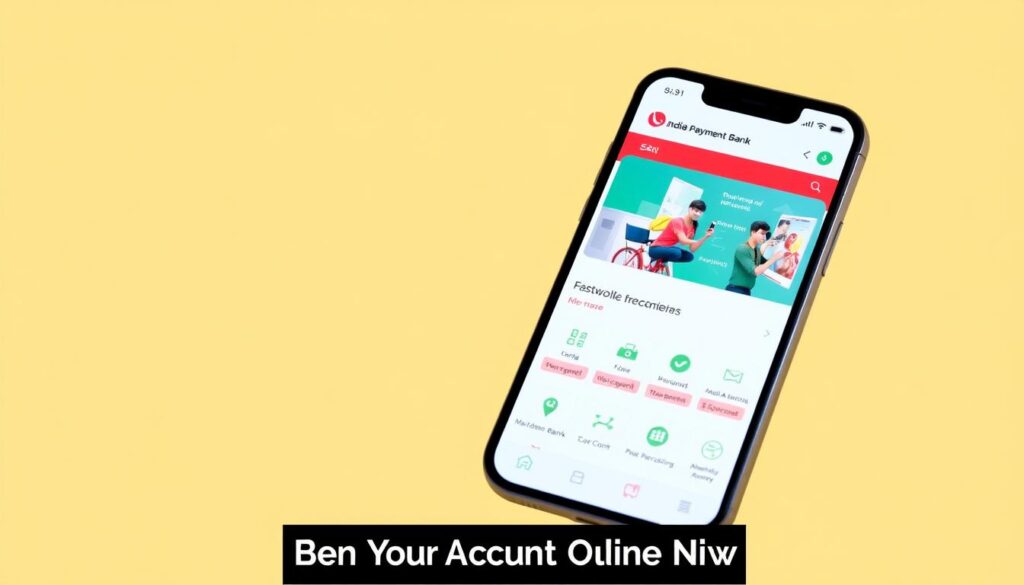 A modern, user-friendly mobile application for India Post Payment Bank, prominently displaying its logo and key features. The app's interface should have a clean, intuitive design with a vibrant color palette, highlighting its digital banking capabilities. Depict customers seamlessly accessing their accounts, transferring funds, and managing their finances on-the-go through a responsive, touch-friendly interface. Capture the app's efficient user experience and the bank's commitment to digital innovation, reflecting the theme of "Open Your Account Online Now."