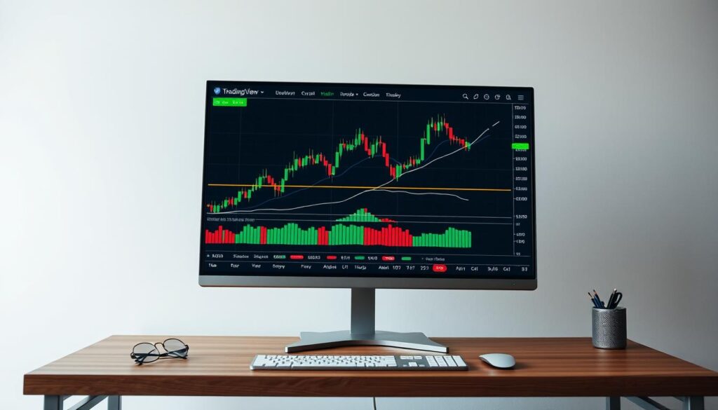 A professional-looking TradingView chart setup against a clean, minimalist backdrop. The chart is displayed on a modern, high-resolution computer monitor, with a sleek, silver-metallic frame. The monitor is set on a stylish, wood-grain desk, with a few neatly arranged office supplies nearby. The lighting is soft and even, creating a serene, focused atmosphere. The chart itself showcases a range of technical indicators, price movements, and other relevant data visualizations, providing a comprehensive view of the financial market. The overall composition emphasizes the usability and effectiveness of the TradingView platform for data analysis and decision-making.