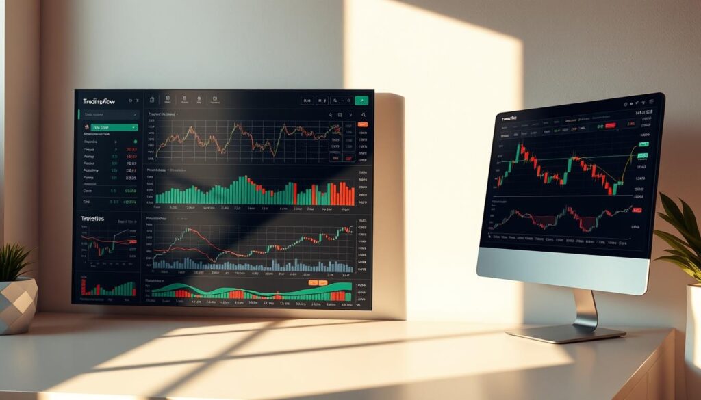 A sleek, minimalist interface showcasing the advanced features of TradingView. A clean, modern dashboard with intuitive data visualizations, customizable technical indicators, and powerful charting tools. The scene is bathed in a warm, natural lighting, casting subtle shadows and highlights that accentuate the elegant design. The layout is structured yet dynamic, with a sense of depth and movement that draws the viewer in. Every element, from the crisp charts to the responsive UI controls, conveys a sense of precision and functionality. This image should inspire confidence in TradingView's capabilities as a premier platform for technical analysis and market research.