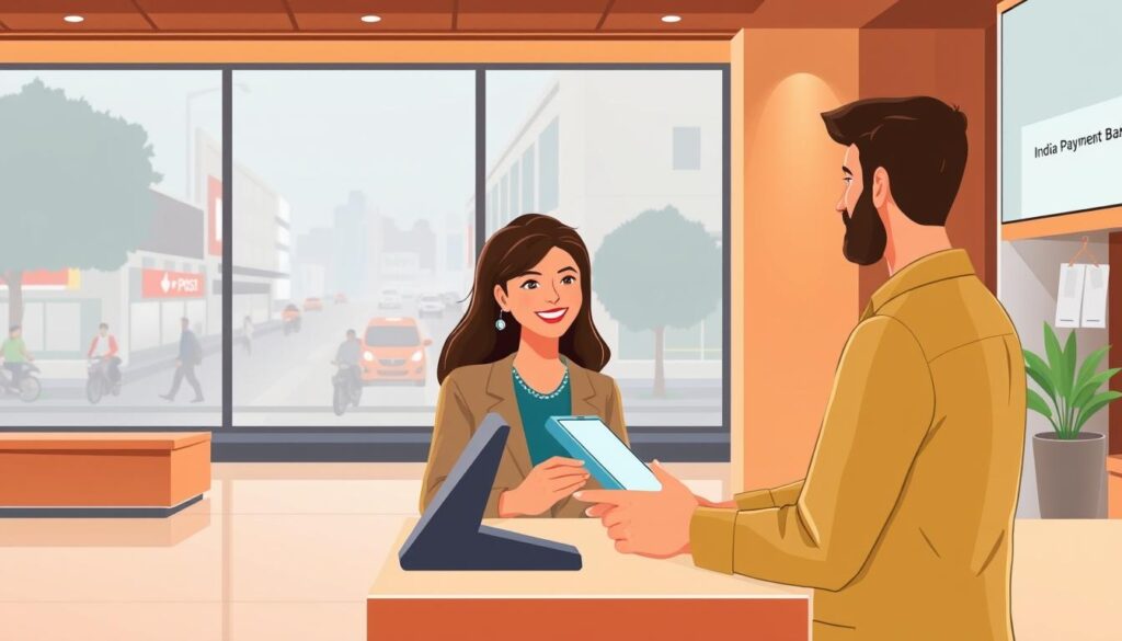 A stylized illustration depicting a customer service scene at an India Post Payment Bank branch. In the foreground, a friendly bank representative assists a customer at a modern service counter, using a tablet device. Behind them, the middle ground shows the bank's sleek, minimalist interior design with clean lines and earthy tones. In the background, a large window offers a view of a bustling urban street, conveying the bank's integration with the local community. The lighting is soft and warm, creating an atmosphere of professionalism and approachability. The overall scene emphasizes the bank's commitment to customer assistance and problem-solving.
