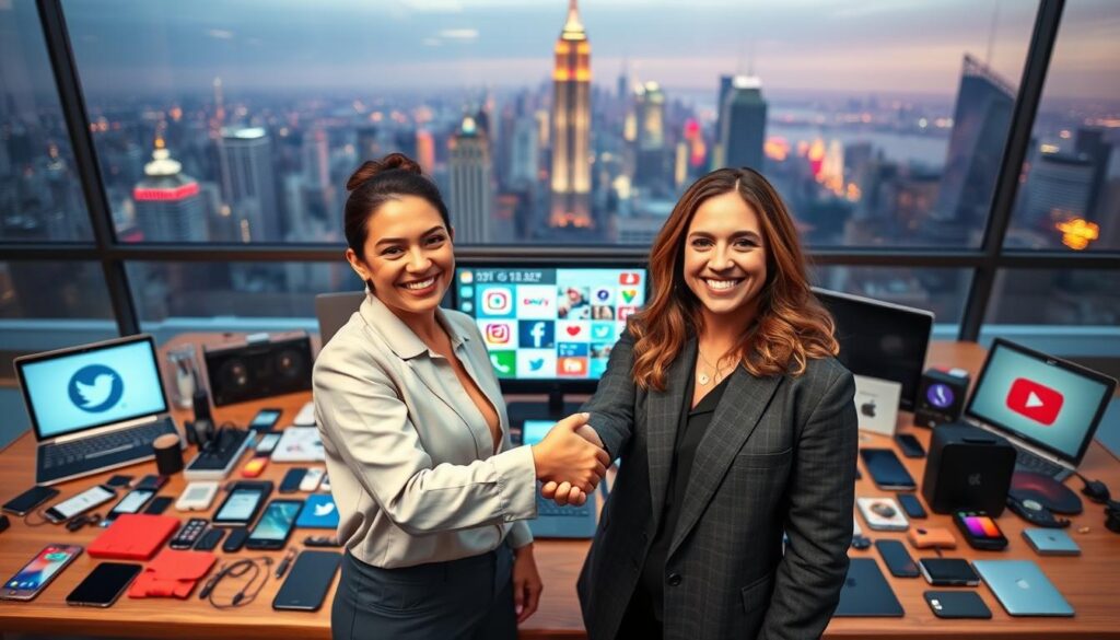 A vibrant, visually engaging Instagram collaboration scene. In the foreground, two influencers shake hands, smiling warmly as they pose for the camera. Behind them, an array of diverse digital devices and gadgets - smartphones, laptops, tablets - arranged in a stylish, geometric layout. The middle ground features a collage of colorful, eye-catching social media icons, logos, and graphics, hinting at the digital nature of the collaboration. In the background, a soft, blurred cityscape with towering skyscrapers and vibrant neon lights, suggesting the urban, connected environment. The overall mood is one of modern, tech-savvy professionalism, with a touch of playful creativity. Balanced lighting casts a subtle glow, highlighting the collaborative spirit. Captured with a wide-angle lens to accentuate the layered, immersive composition.