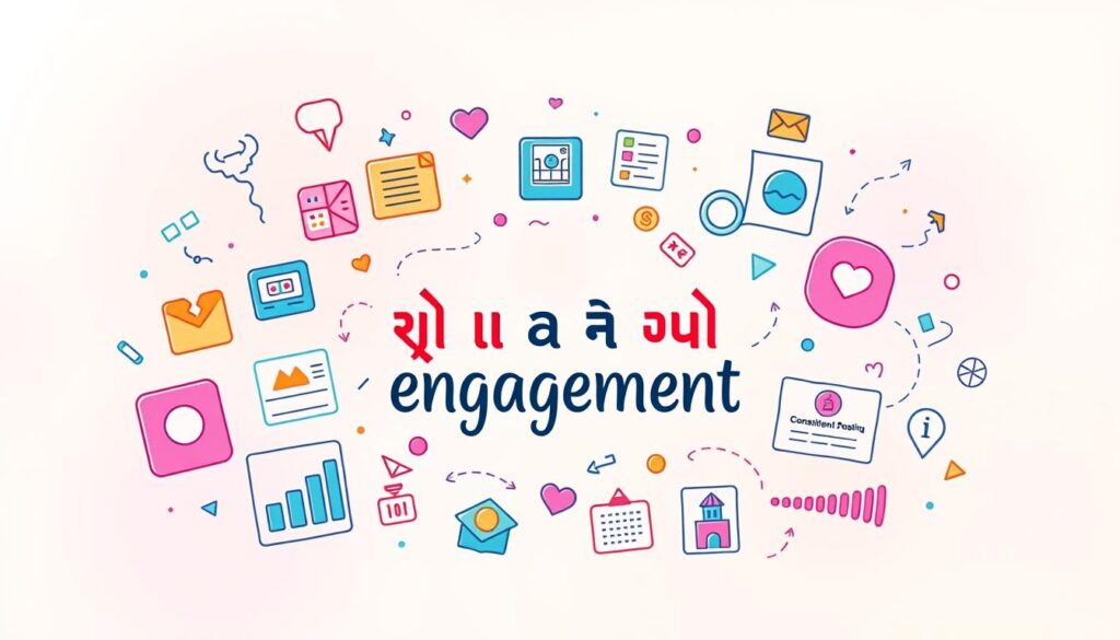 A vibrant, visually engaging illustration depicting strategies for boosting Instagram engagement. Set against a soft, pastel-toned background, the image features a collage of interactive social media elements - colorful icons, charts, and graphs showcasing metrics and analytics, along with subtle, hand-drawn flourishes. The foreground is dominated by a central, eye-catching graphic displaying the title &quot;इंगेजमेंट बढ़ाने की रणनीतियां&quot; in an elegant, typography-driven style. The middle ground is populated with smaller, complementary graphics exploring various engagement-boosting techniques, such as hashtag optimization, consistent posting, and audience targeting. The background subtly blends these elements together, creating a harmonious, visually cohesive composition that inspires and educates the viewer.