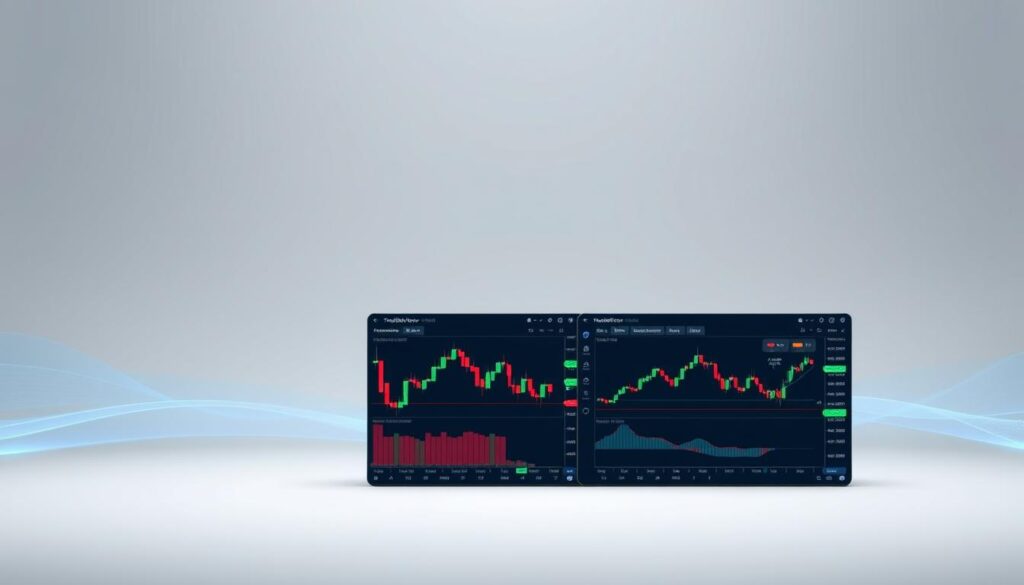 A visually striking and informative image of the key features of the TradingView charting platform. Depicted in a sleek, modern style with clean lines and a minimalist aesthetic. The foreground showcases the core TradingView tools - candlestick charts, technical indicators, drawing tools - rendered in vivid detail against a neutral backdrop. The middle ground provides a sense of depth, highlighting the flexibility and customization options available. The background features subtle gradients and textures that evoke the digital, data-driven nature of the platform. Lighting is soft and even, creating a balanced, professional tone. The overall composition guides the viewer's eye through the essential TradingView functionalities in an elegant, visually compelling manner.