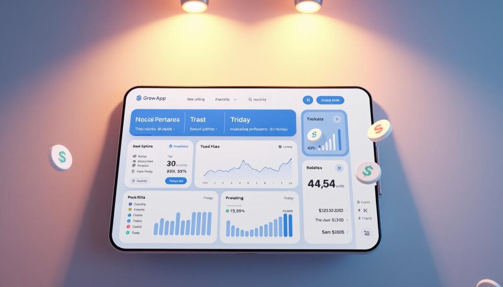 Elegant and modern investment app interface, showcasing Grow App's mutual fund investment features. Sleek dashboard with clean typography, intuitive charts, and personalized investment recommendations. Serene blue and white color palette evokes trust and stability. Interactive tiles allow users to easily browse fund options, track portfolio performance, and make transactions. Subtle 3D elements like floating investment icons add depth and dynamism. Warm lighting from overhead illuminates the responsive app design, creating a sense of accessibility and user-friendliness. The overall ambiance is professional yet approachable, reflecting Grow App's mission to demystify mutual fund investing.
