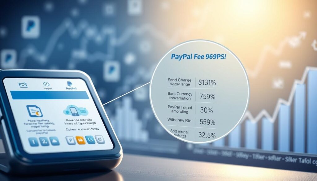 A detailed, vividly-rendered illustration depicting the key elements of a typical PayPal transaction fee breakdown. The foreground shows a digital wallet or payment interface with clear icons and visuals denoting the various fees associated with sending, receiving, and withdrawing funds through PayPal. The middle ground features a magnified view of the transaction fee structure, with precise percentages and numerical values for each type of fee, such as processing charges, currency conversion rates, and withdrawal costs. The background depicts a soft, blurred landscape of financial graphs, charts, and data visualization elements to convey the broader context of online money transfers and digital payment processing. The lighting is soft and diffused, creating a sense of trust and transparency. The overall mood is informative and educational, designed to visually communicate the details of PayPal's transaction fee structure.
