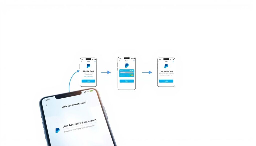 A high-resolution, detailed illustration of the step-by-step process to link a bank account or debit card to a PayPal account. The foreground shows a digital wallet interface with prominently displayed "Link Bank Account" and "Link Debit Card" options. The middle ground depicts a series of UI screens guiding the user through the authentication and verification steps, with clear icons and text overlays. The background features a clean, minimalist design with subtle patterns or textures to create a modern, digital aesthetic. The lighting is soft and diffused, creating a sleek, professional appearance. The overall mood is informative and user-friendly, showcasing the simplicity and security of connecting financial accounts to PayPal.