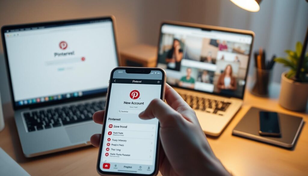 A serene workspace with a laptop, smartphone, and a neatly organized desk setup. The scene is illuminated by warm, diffused lighting, creating a cozy and inviting atmosphere. In the foreground, a hand is carefully navigating through the Pinterest mobile app, exploring its various features and functionalities. The middle ground showcases an open laptop displaying the Pinterest web interface, highlighting the process of creating a new account. The background is softly blurred, allowing the viewer to focus on the main elements of the scene. The overall composition conveys a sense of simplicity, productivity, and the ease of setting up a Pinterest account.