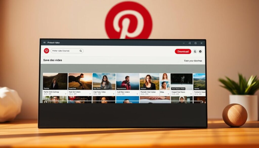 A sleek, modern Pinterest video downloader interface dominates the foreground, with a clean, minimalist design featuring intuitive controls and a prominent "Download" button. In the middle ground, a row of popular video thumbnails is displayed, showcasing the tool's capabilities to effortlessly save content from the Pinterest platform. The background subtly depicts the Pinterest logo and brand colors, creating a cohesive and visually striking composition. The scene is illuminated by warm, natural lighting, lending a sense of simplicity and approachability to the overall image.