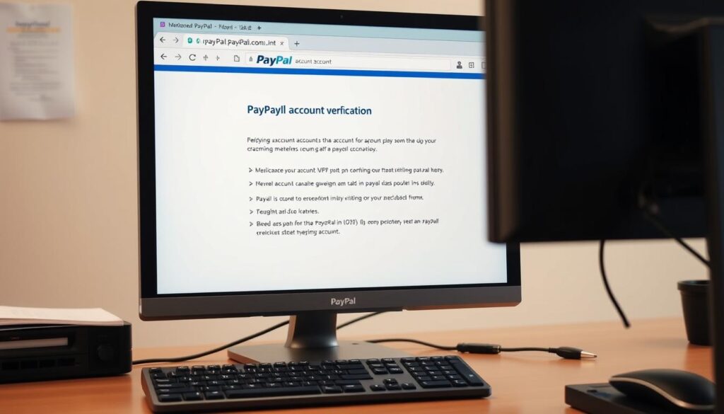 An office workspace with a desktop computer, monitor, and keyboard. On the monitor, a web browser is open, displaying the PayPal account verification process step-by-step instructions. The workspace is well-lit, with a warm, professional atmosphere. The camera angle is slightly elevated, capturing the desk and monitor in a clean, organized composition. The overall scene conveys a sense of security and trust associated with the PayPal brand.